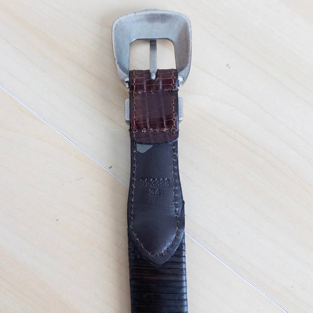 Mens Leather Belt Size 34 Brown Woven Western Lizard Embossed Buckle Cowboy